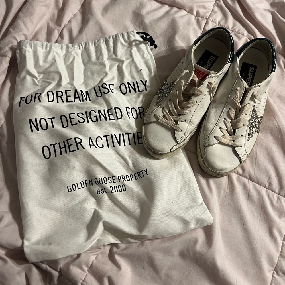 Golden Goose x REVOLVE Superstar Sneaker in White, Platinum, & Emerald Green